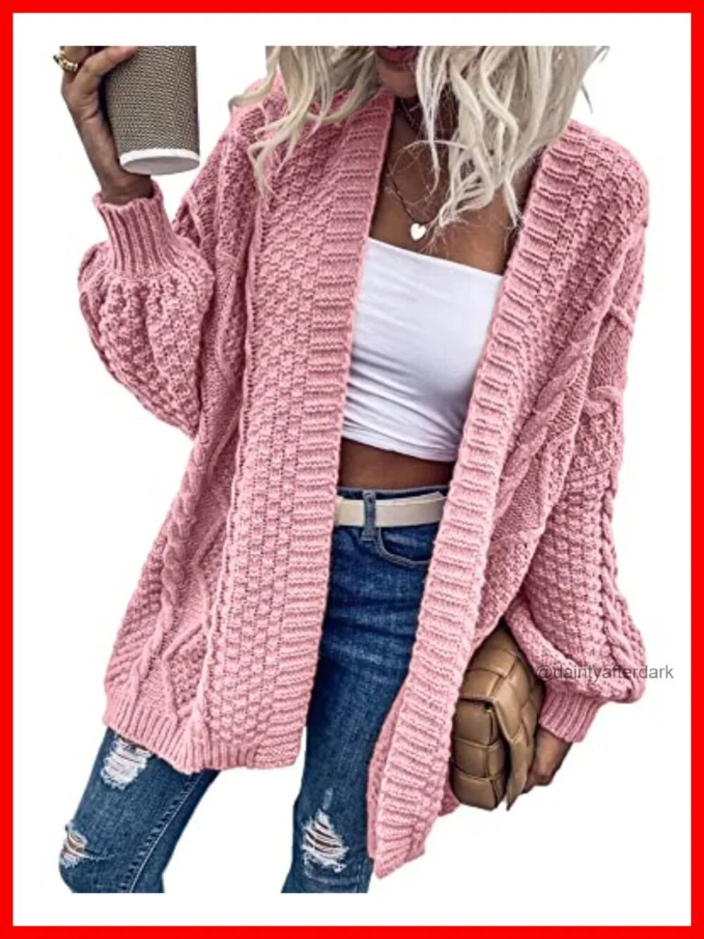 Oversized Cable Knit Lantern Sleeve Cardigan Sweater Women